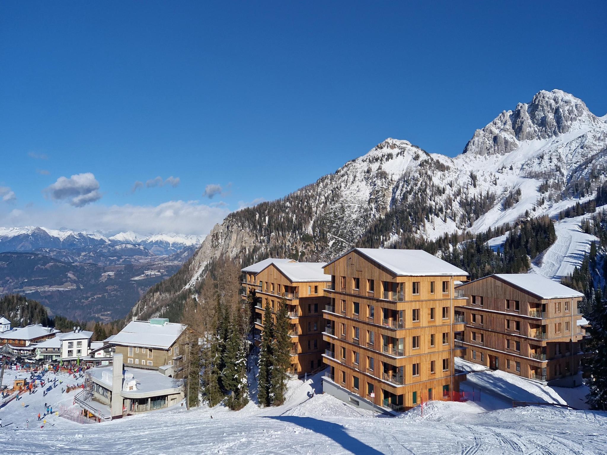 Outdoor terrace and views at Zirbennest Sonnenalpe Nassfeld Top A03 in Sonnenalpe Nassfeld